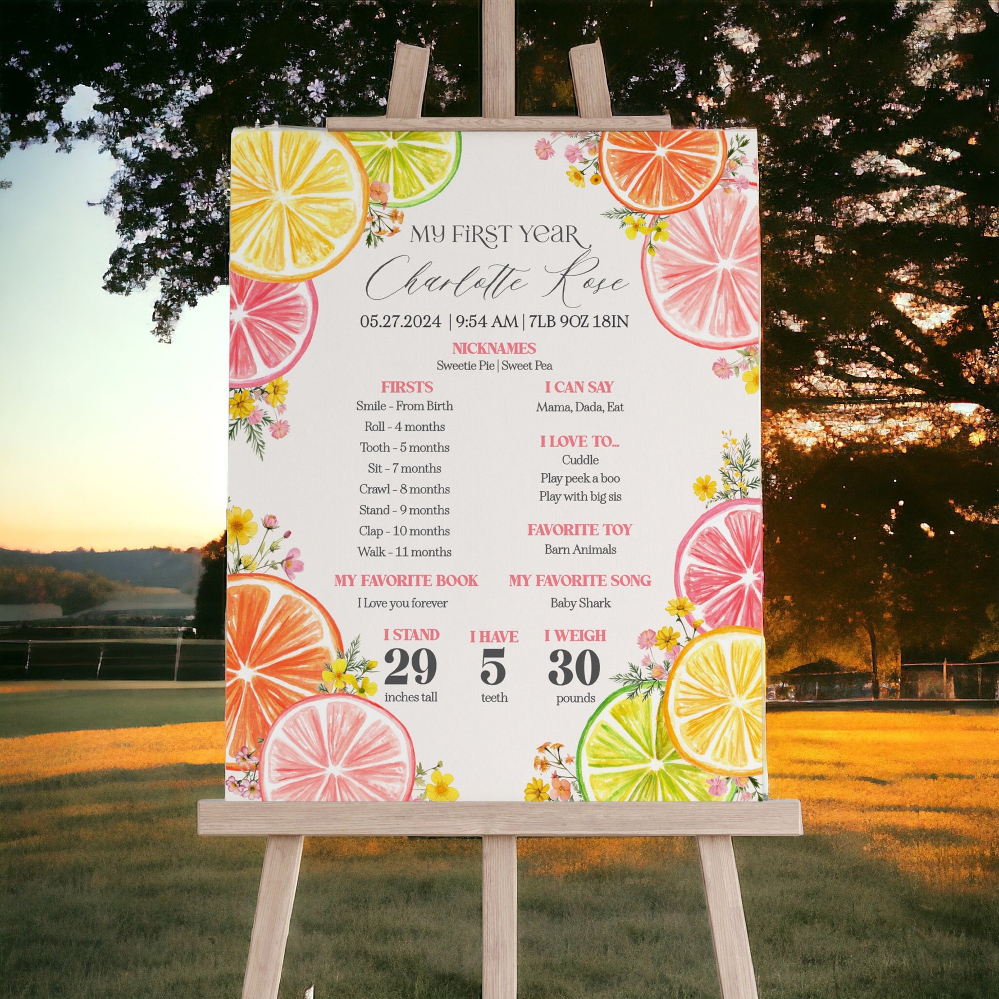 Citrus Floral My First Year Milestone Sign Printable Template, Little Cutie Coastal 1st Birthday Party Decor for Summer Tropical Bday Party