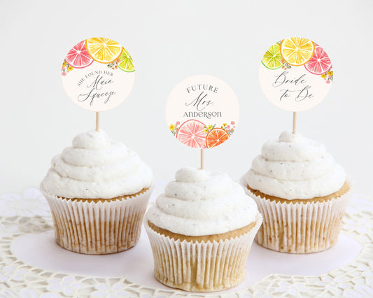 Citrus Floral Bridal Shower Cupcake Toppers Printable Template, Main Squeeze Bridal Brunch for Summer Bridal Shower, Florida Bridal Shower