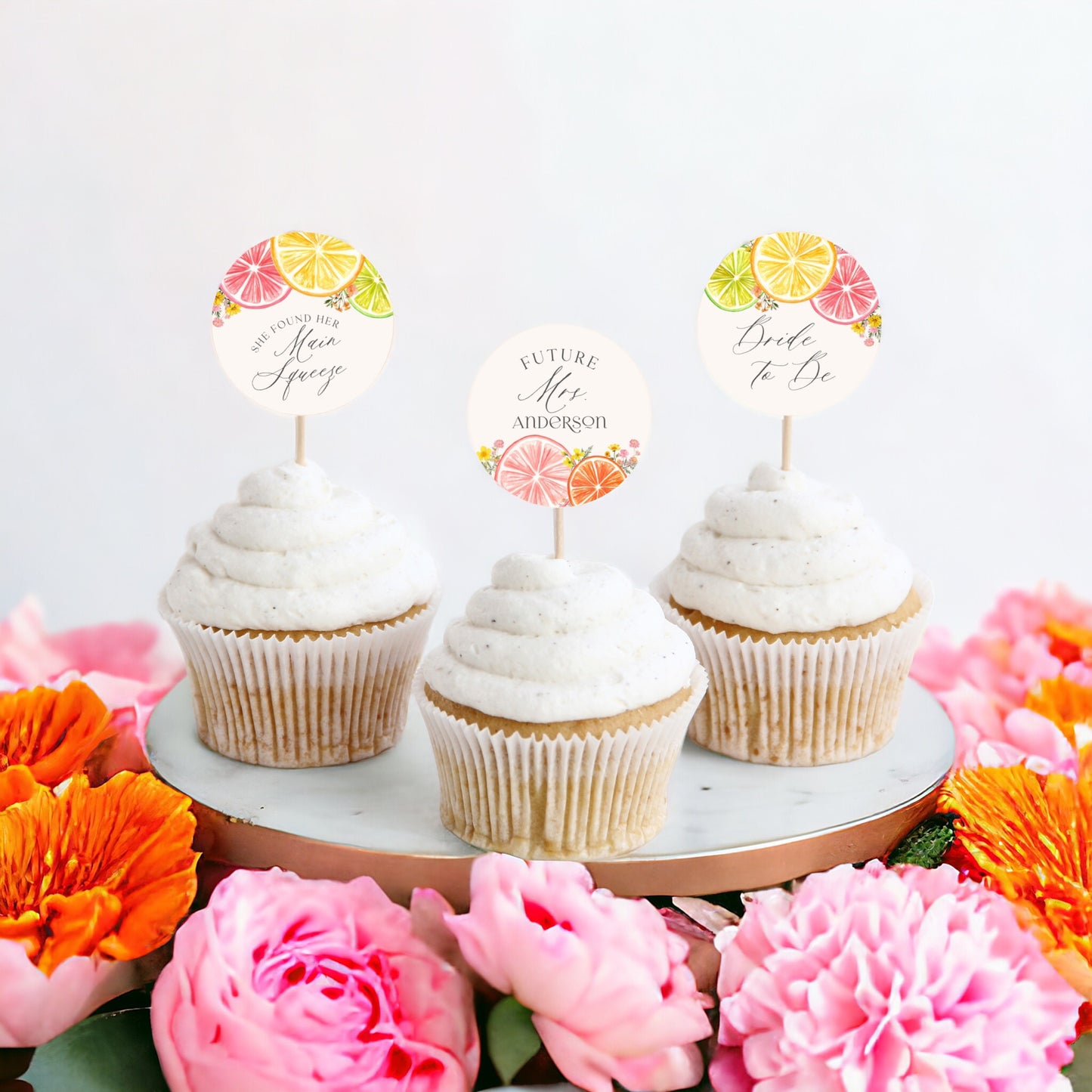 Citrus Floral Bridal Shower Cupcake Toppers Printable Template, Main Squeeze Bridal Brunch for Summer Bridal Shower, Florida Bridal Shower