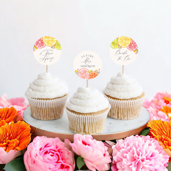 Citrus Floral Bridal Shower Cupcake Toppers Printable Template, Main Squeeze Bridal Brunch for Summer Bridal Shower, Florida Bridal Shower