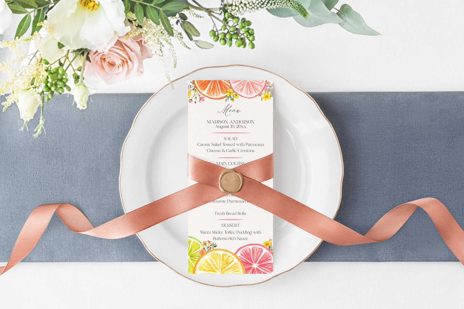 Citrus Floral Printable Wedding Menu Template, Main Squeeze Bridal Brunch for Summer Bridal Shower, Florida Bridal Shower Decor