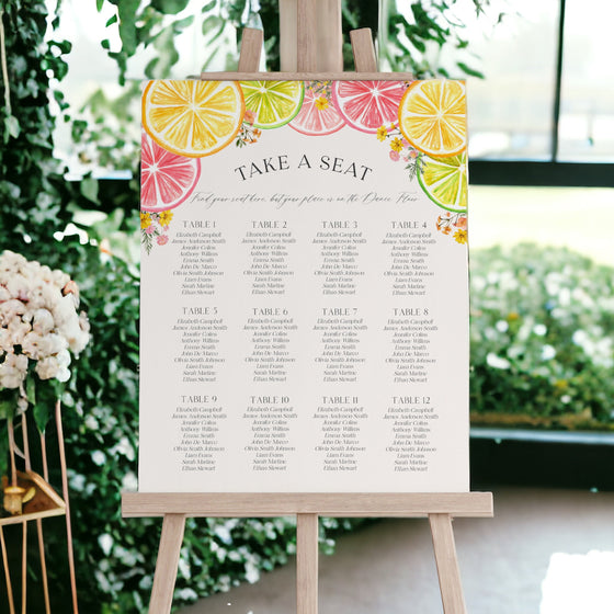 Citrus Floral Wedding Seating Chart Poster Printable Template, Main Squeeze Bridal Brunch for Summer Bridal Shower, Florida Bridal Shower