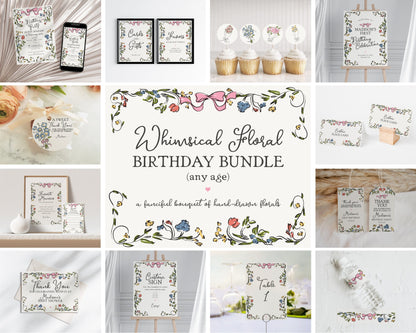 Whimsical Floral Birthday Bundle Printable Template, Hand Drawn Birthday Party for Girl, Retro French Garden Party Decor, Illustrated Doodle