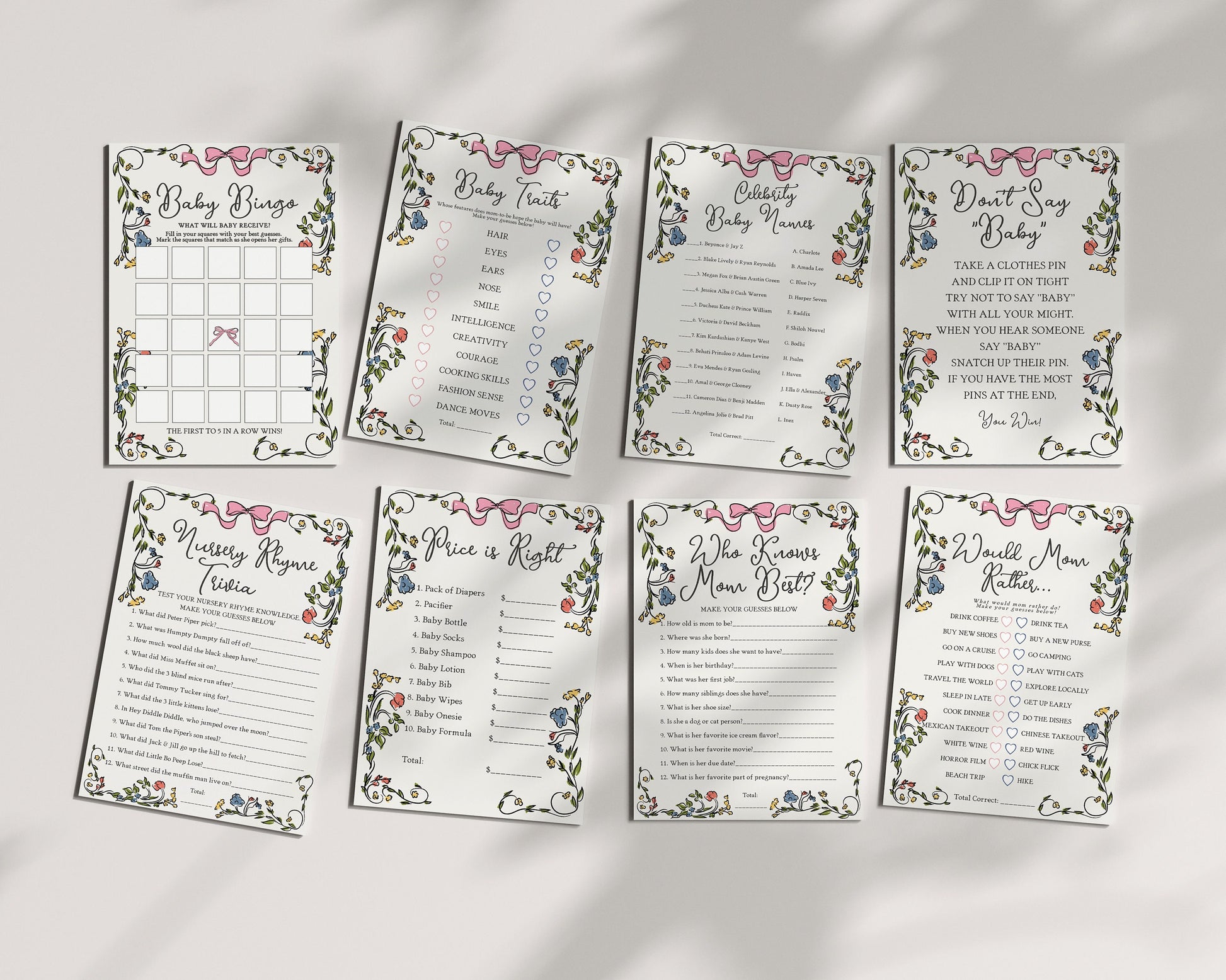 Whimsical Floral Baby Shower Games Set Printable Template, Hand Drawn Baby Sprinkle for Girl, Retro French Garden Party, Illustrated Doodle