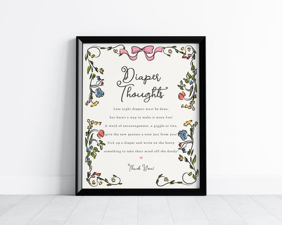 Whimsical Floral Baby Shower Diaper Thoughts Sign Printable Template, Hand Drawn Girl Baby Sprinkle, Retro French Garden Illustrated Doodle
