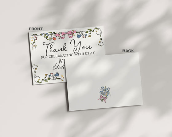 Whimsical Floral Thank You Card Printable Template, Hand Drawn Birthday Decor for Summer Retro French Garden Baby Shower or Bridal Shower