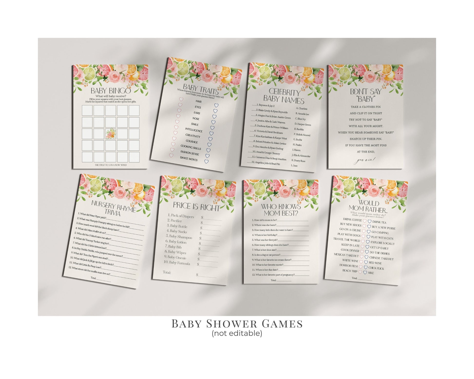 Pastel Citrus Baby Shower Printable Bundle, Little Cutie Baby Sprinkle for Summer Baby Shower, Gender Neutral Tropical Baby Shower Decor