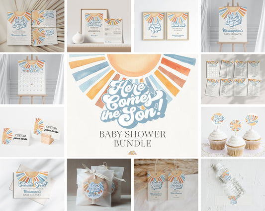 Here Comes The Son Baby Shower Printable Bundle, Ray of Sunshine Baby Sprinkle Decor for Boy Baby Shower, Little Ray of Sonshine Party Decor