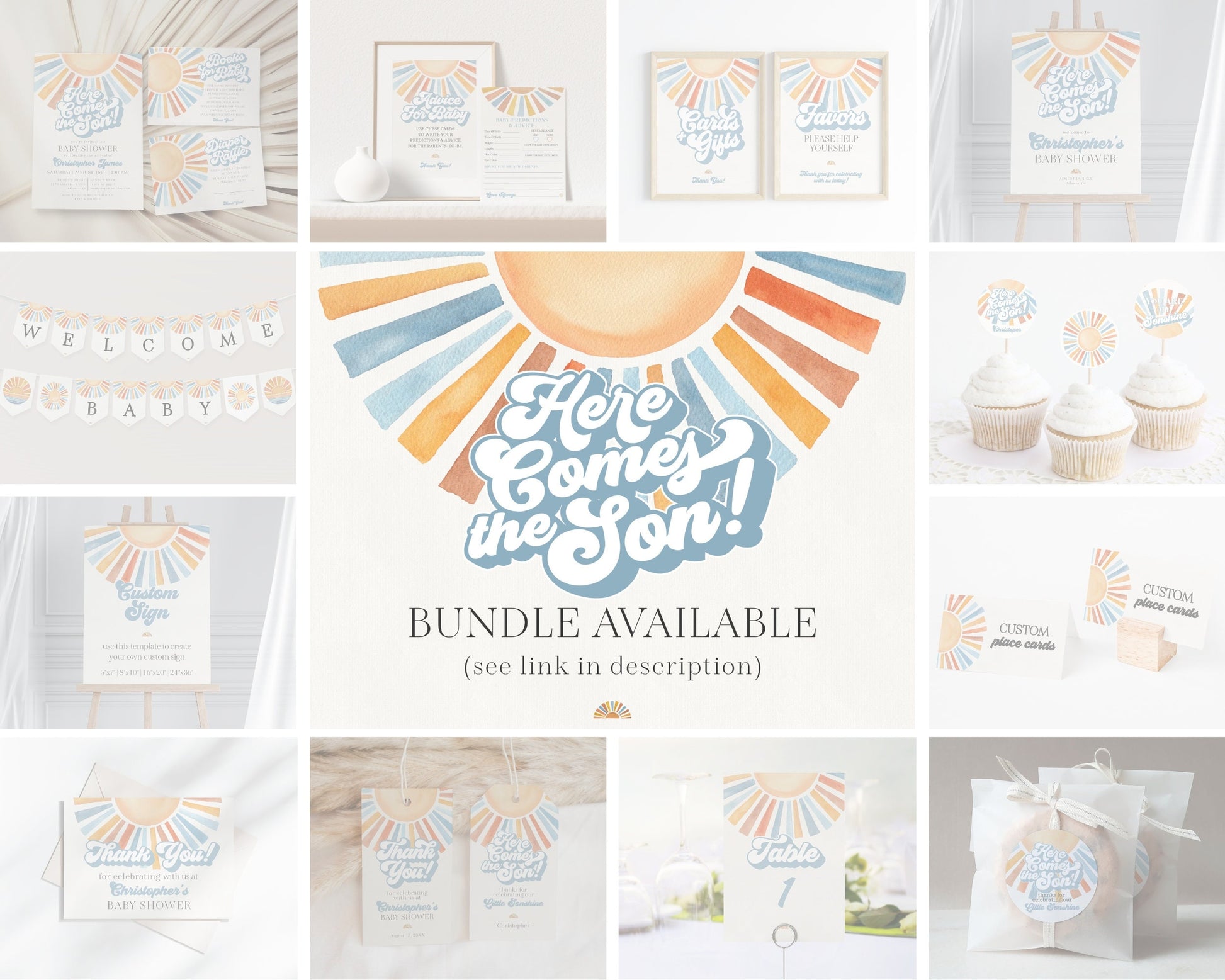 Here Comes The Son Baby Shower Invitation Printable Template, Sunshine Baby Sprinkle Decor for Boy Baby Shower, Little Ray of Sonshine Party