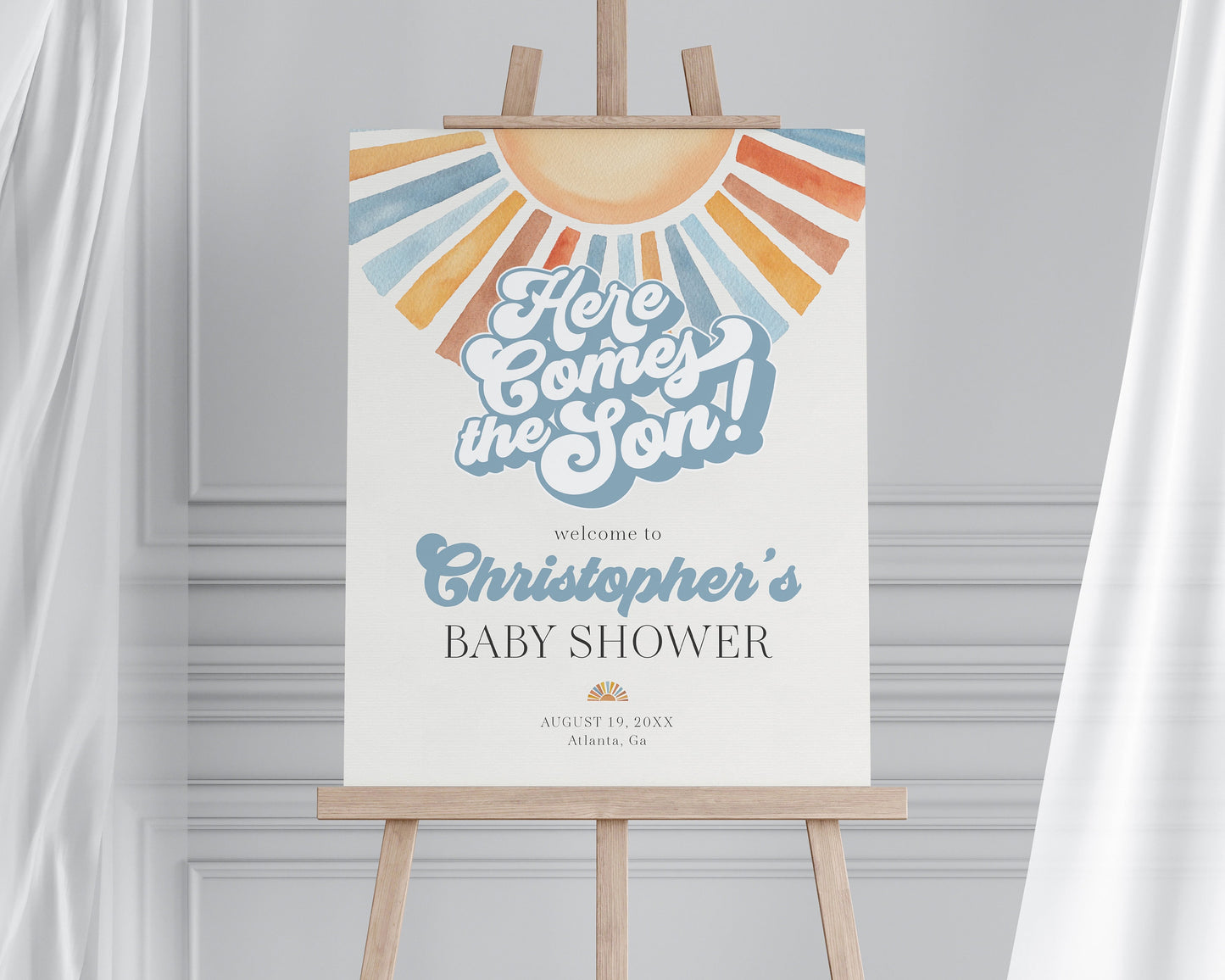 Here Comes The Son Baby Shower Welcome Sign Printable Template, Sunshine Baby Sprinkle Decor for Boy Baby Shower, Little Ray of Sonshine