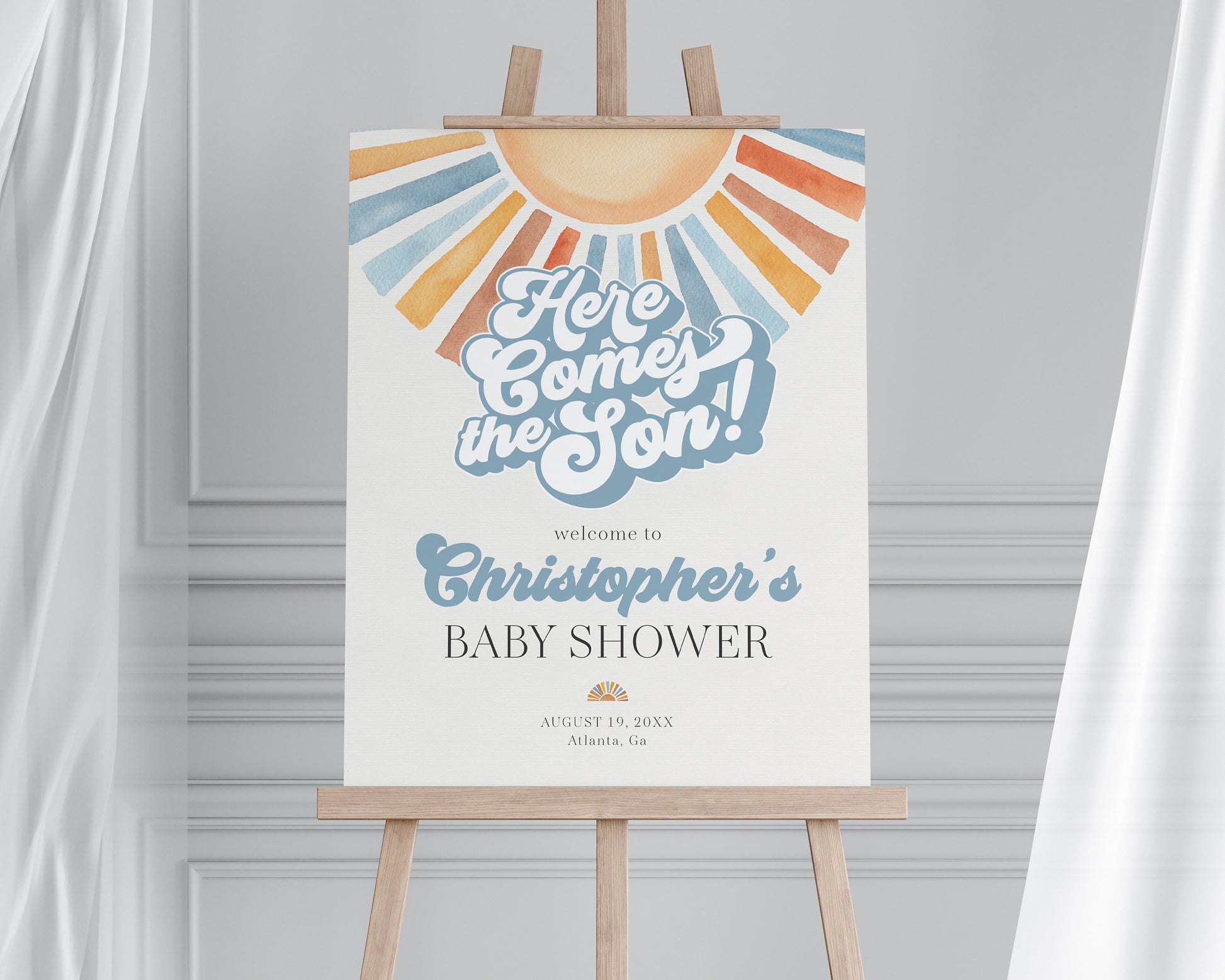 Here Comes The Son Baby Shower Welcome Sign Printable Template, Sunshine Baby Sprinkle Decor for Boy Baby Shower, Little Ray of Sonshine