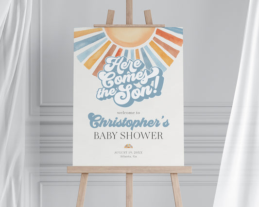 Here Comes The Son Baby Shower Welcome Sign Printable Template, Sunshine Baby Sprinkle Decor for Boy Baby Shower, Little Ray of Sonshine