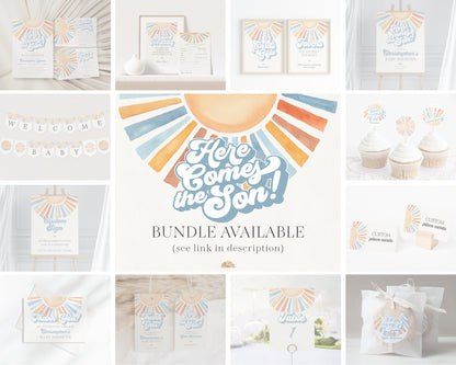 Here Comes The Son Baby Shower Welcome Sign Printable Template, Sunshine Baby Sprinkle Decor for Boy Baby Shower, Little Ray of Sonshine