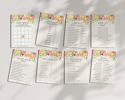 Pastel Citrus Baby Shower Games Set Printable Template, Little Cutie Baby Sprinkle for Summer Baby Shower, Gender Neutral Tropical Decor