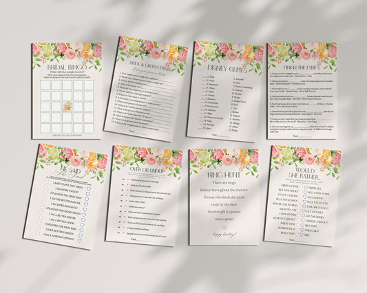 Pastel Citrus Bridal Shower Games Set Printable Template, Main Squeeze Bridal Brunch for Summer Bridal Shower, Tropical Bridal Shower Decor