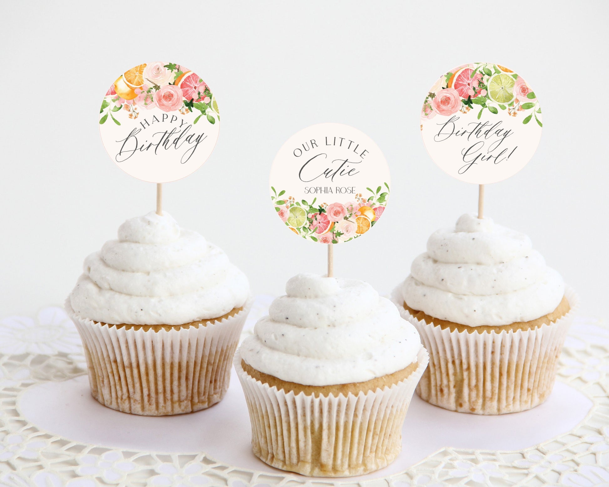 Pastel Citrus Birthday Cupcake Toppers Printable Template, Little Cutie Coastal Party Decor for Summer Tropical Birthday Party Decor