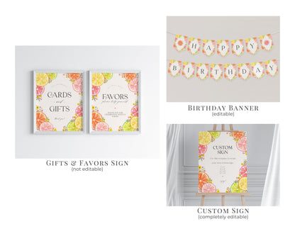 Citrus Floral First Birthday Bundle Printable Template, Little Cutie Party Decor for Summer Birthday Party, Mandarin 1st Birthday Party