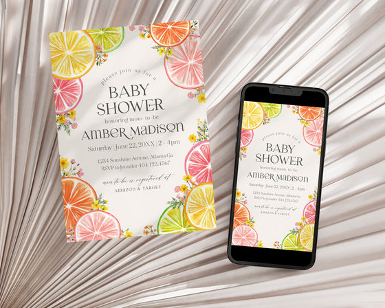 Citrus Floral Baby Shower Invitation Printable Template, Little Cutie Baby Sprinkle for Summer Baby Shower, Gender Neutral Florida Decor