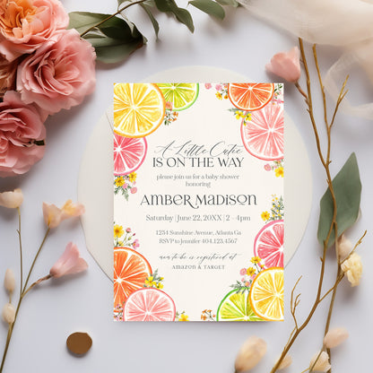 Citrus Floral Baby Shower Invitation Printable Template, Little Cutie Baby Sprinkle for Summer Baby Shower, Gender Neutral Florida Decor