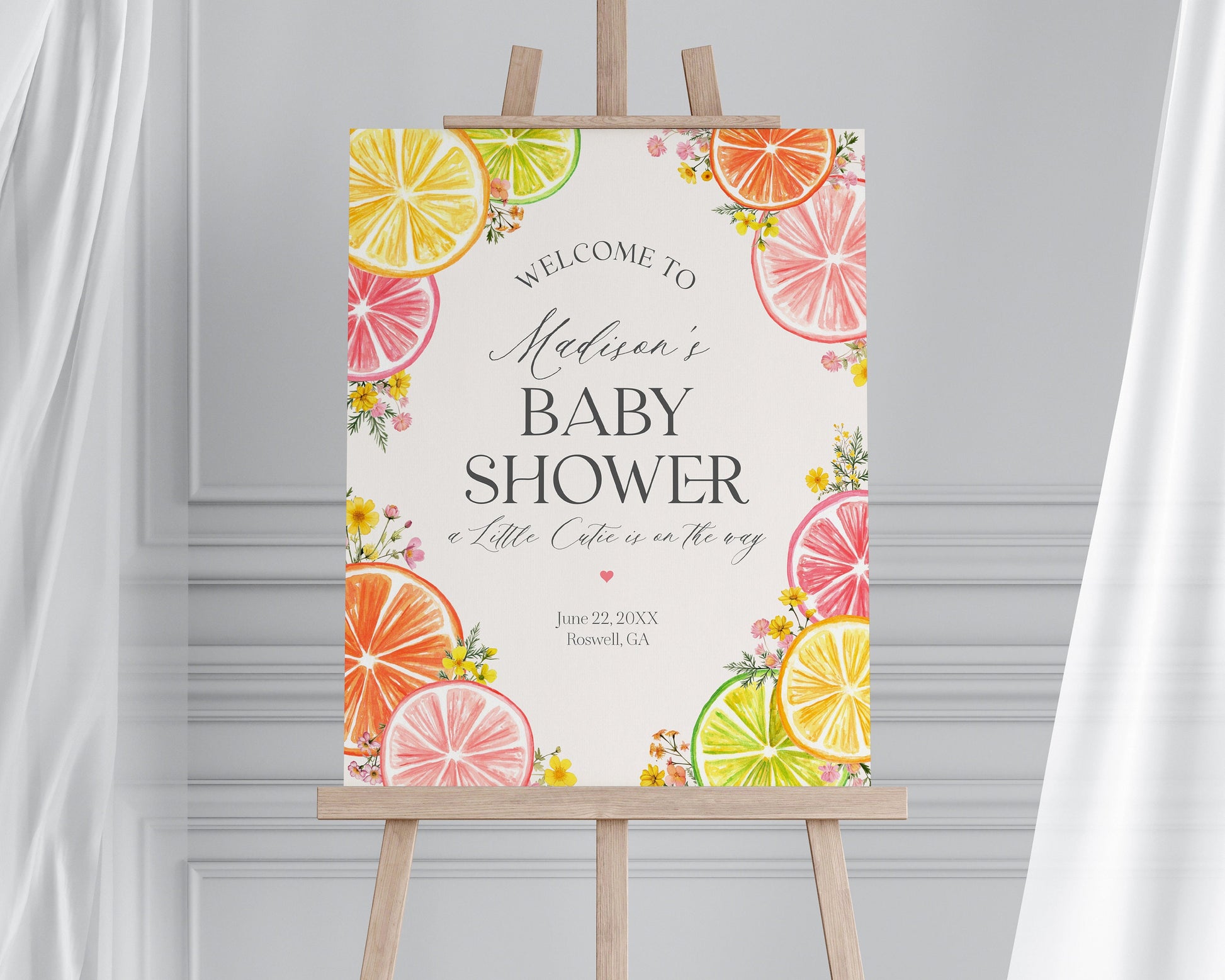 Citrus Floral Baby Shower Welcome Sign Printable Template, Little Cutie Baby Sprinkle for Summer Baby Shower, Florida Baby Shower Decor