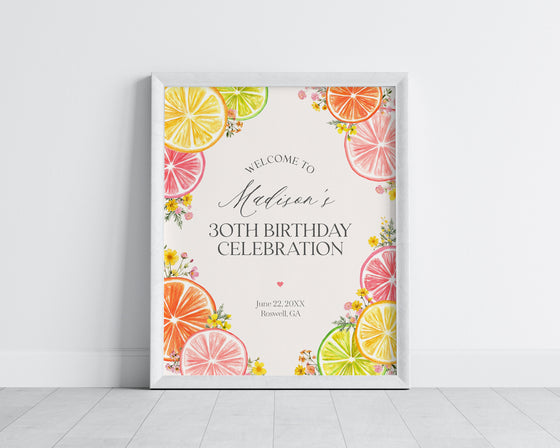 Citrus Floral Birthday Welcome Sign Printable Template, Little Cutie Coastal Party Decor for Summer Tropical Birthday Party Decor