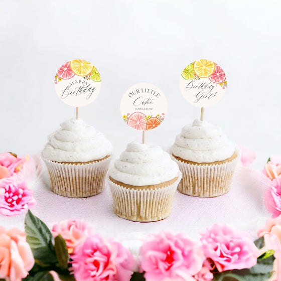 Citrus Floral Birthday Cupcake Toppers Printable Template, Little Cutie Coastal Party Decor for Summer Tropical Birthday Party Decor