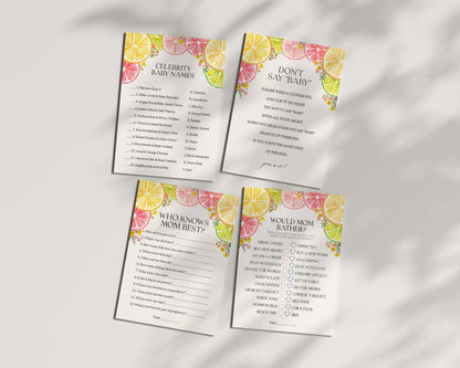 Citrus Floral Baby Shower Games Set Printable Template, Little Cutie Baby Sprinkle for Summer Baby Shower, Gender Neutral Florida Decor