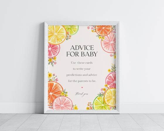 Citrus Floral Advice for Baby Cards Printable Template, Little Cutie Baby Sprinkle for Summer Baby Shower, Gender Neutral Florida Shower