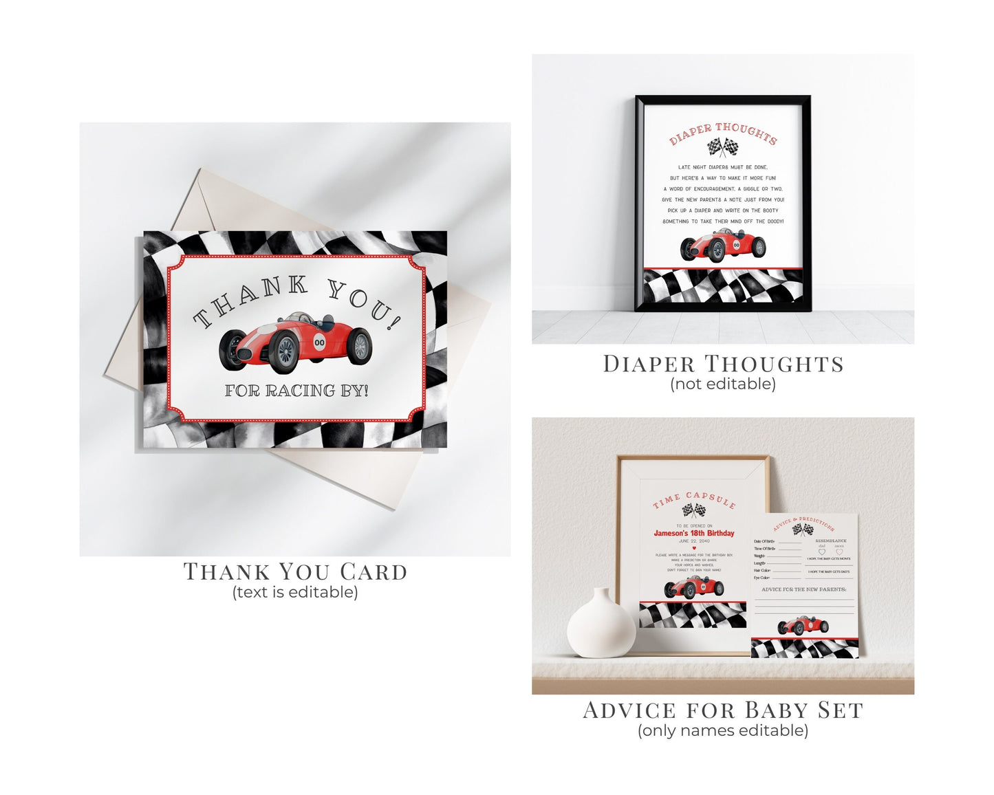 Red Race Car Baby Shower Bundle Template, digital files for baby shower for boy, printable retro vintage race car party decor, race on over