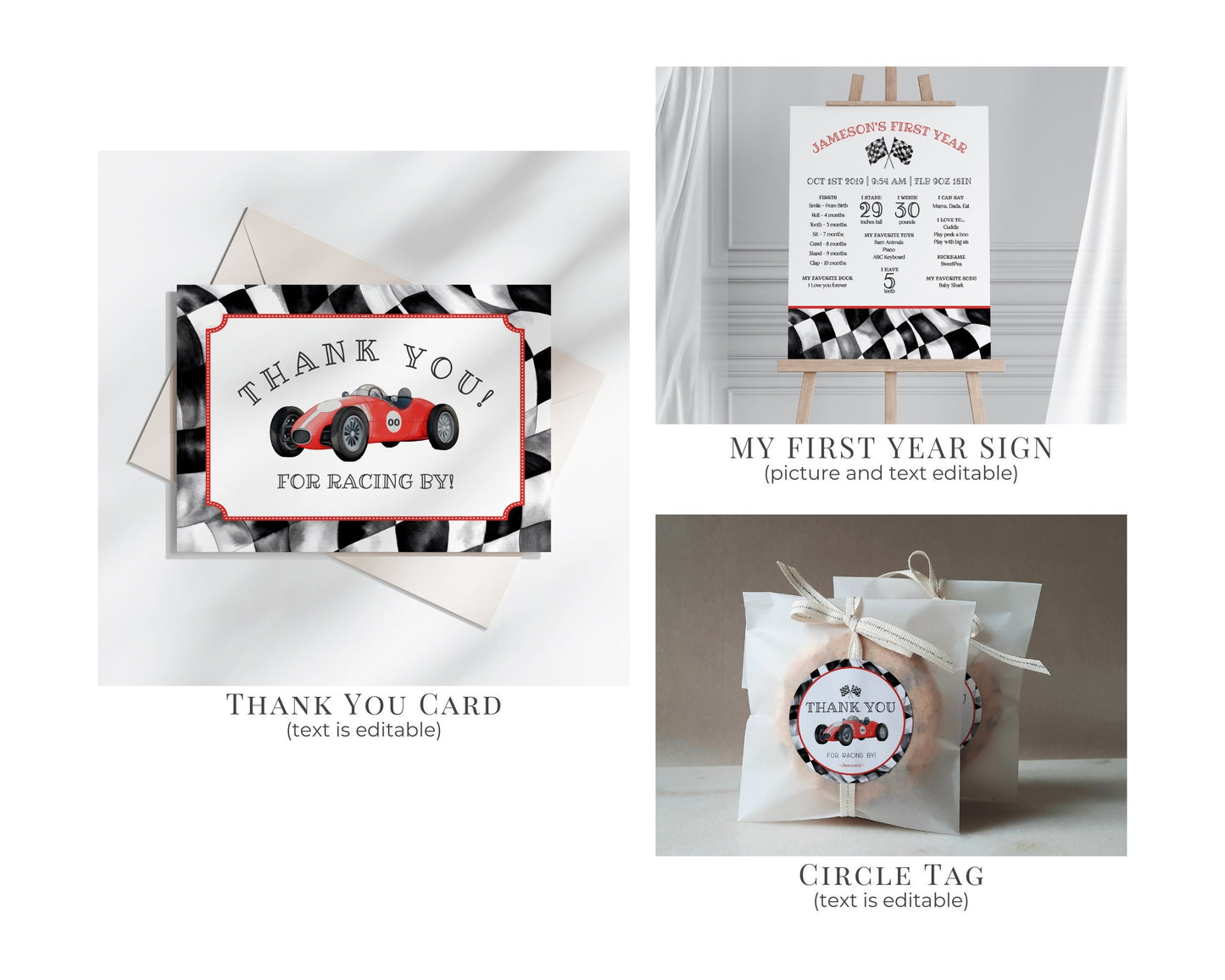 Red Race Car First Birthday Bundle Template, instant download fast one 1st birthday bundle for boy, Racing Retro Vintage Car Birthday