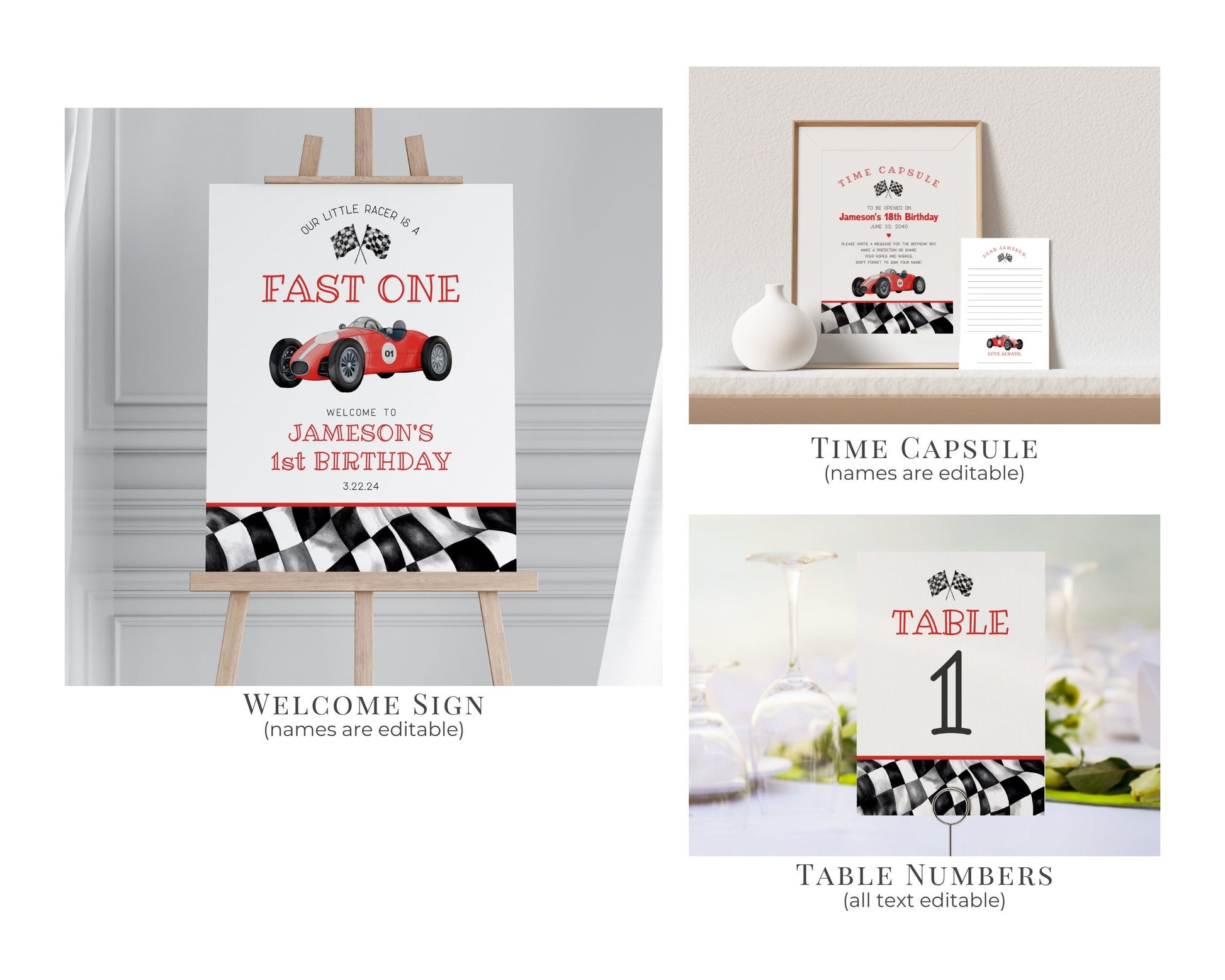 Red Race Car First Birthday Bundle Template, instant download fast one 1st birthday bundle for boy, Racing Retro Vintage Car Birthday