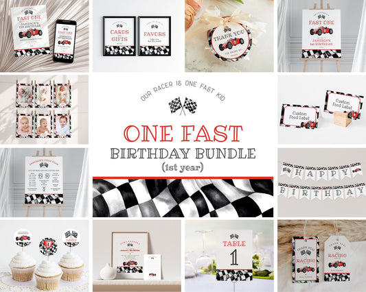 Red Race Car First Birthday Bundle Template, instant download fast one 1st birthday bundle for boy, Racing Retro Vintage Car Birthday