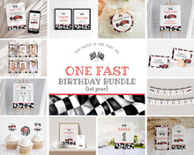  Red Race Car First Birthday Bundle Template, instant download fast one 1st birthday bundle for boy, Racing Retro Vintage Car Birthday