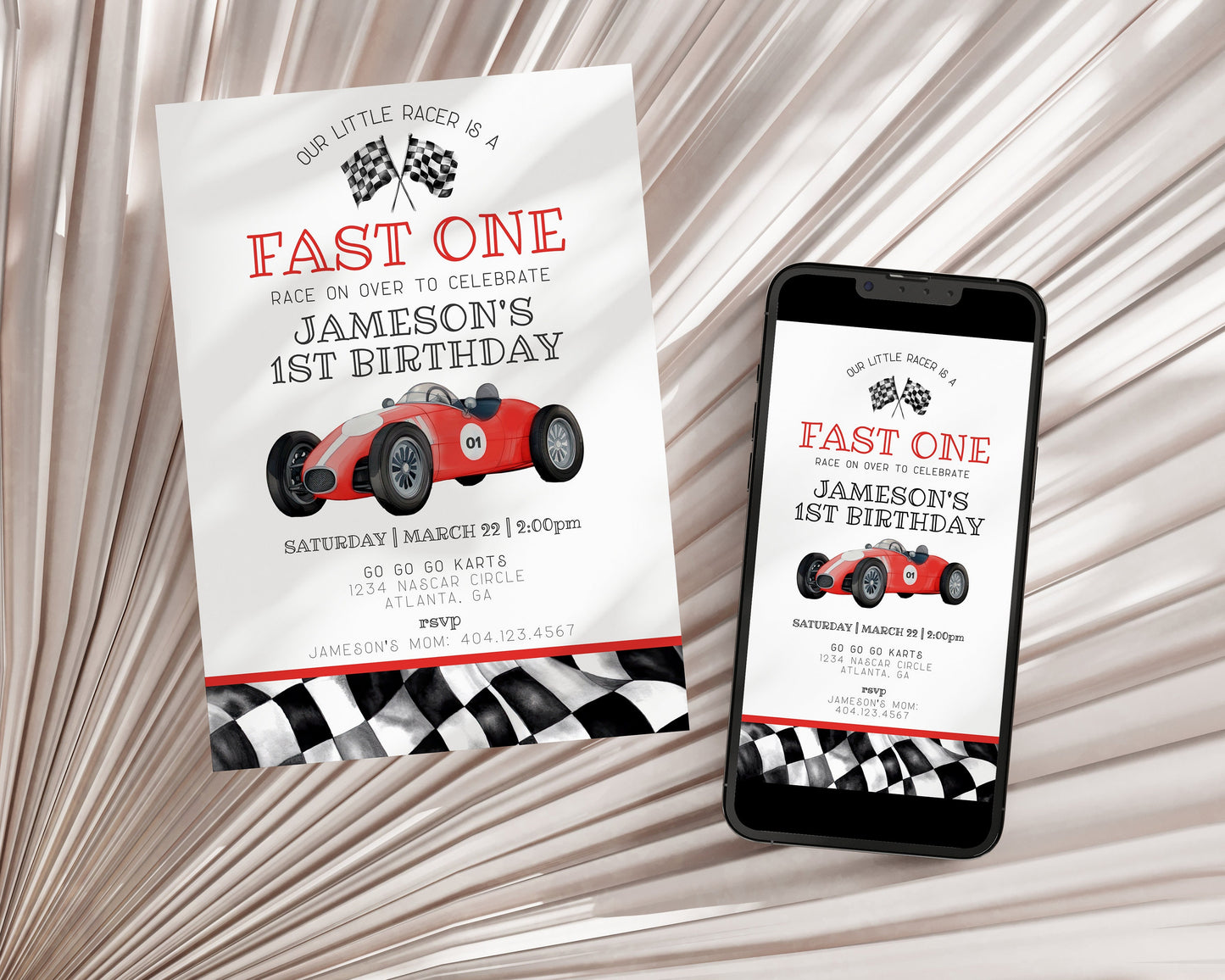 Red Race Car First Birthday Bundle Template, instant download fast one 1st birthday bundle for boy, Racing Retro Vintage Car Birthday