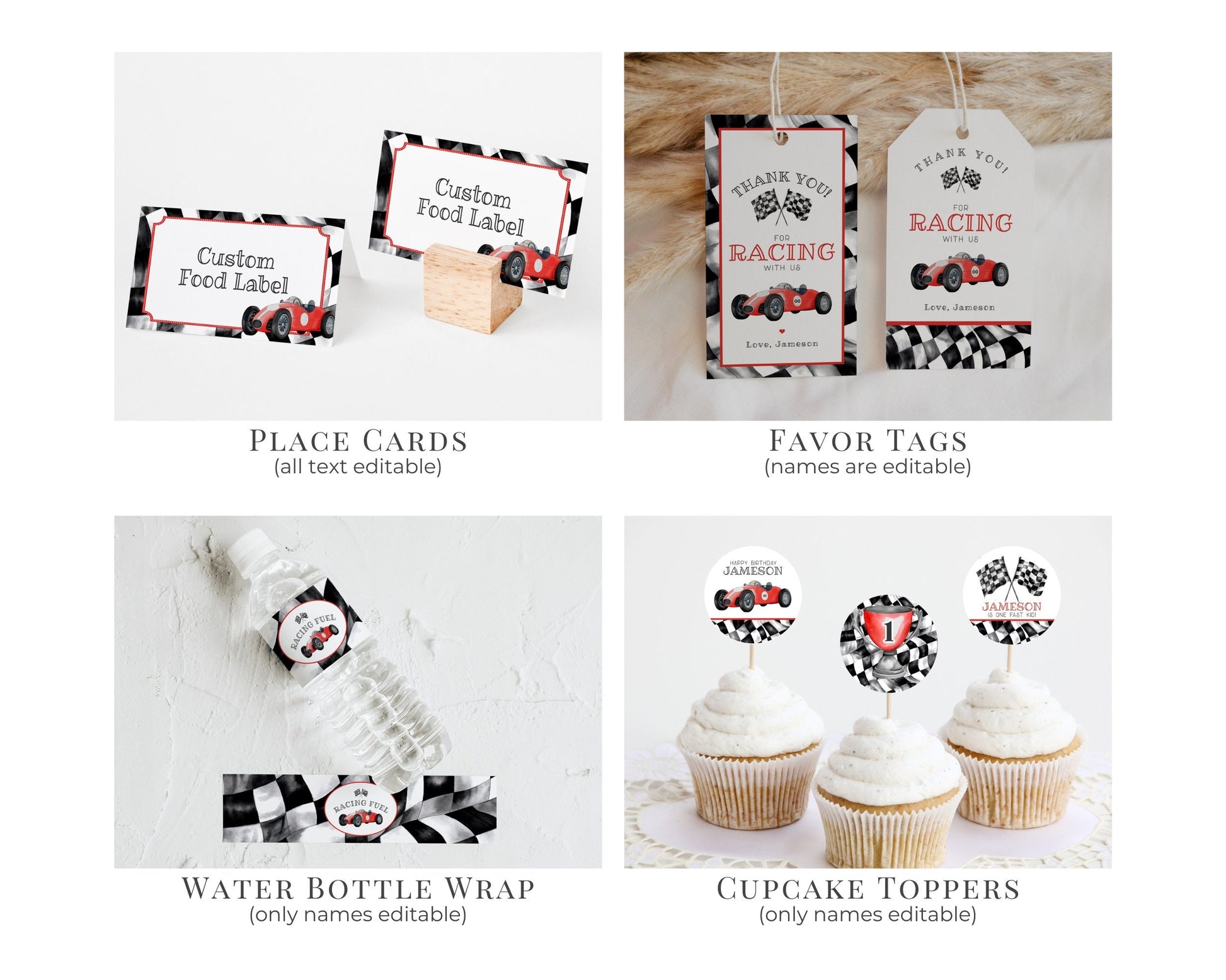 Red Race Car First Birthday Bundle Template, instant download fast one 1st birthday bundle for boy, Racing Retro Vintage Car Birthday