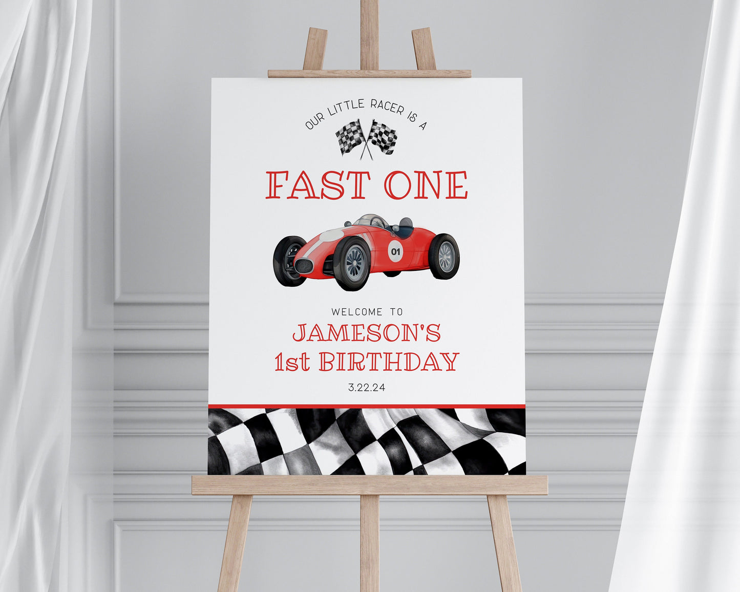 Red Race Car First Birthday Bundle Template, instant download fast one 1st birthday bundle for boy, Racing Retro Vintage Car Birthday