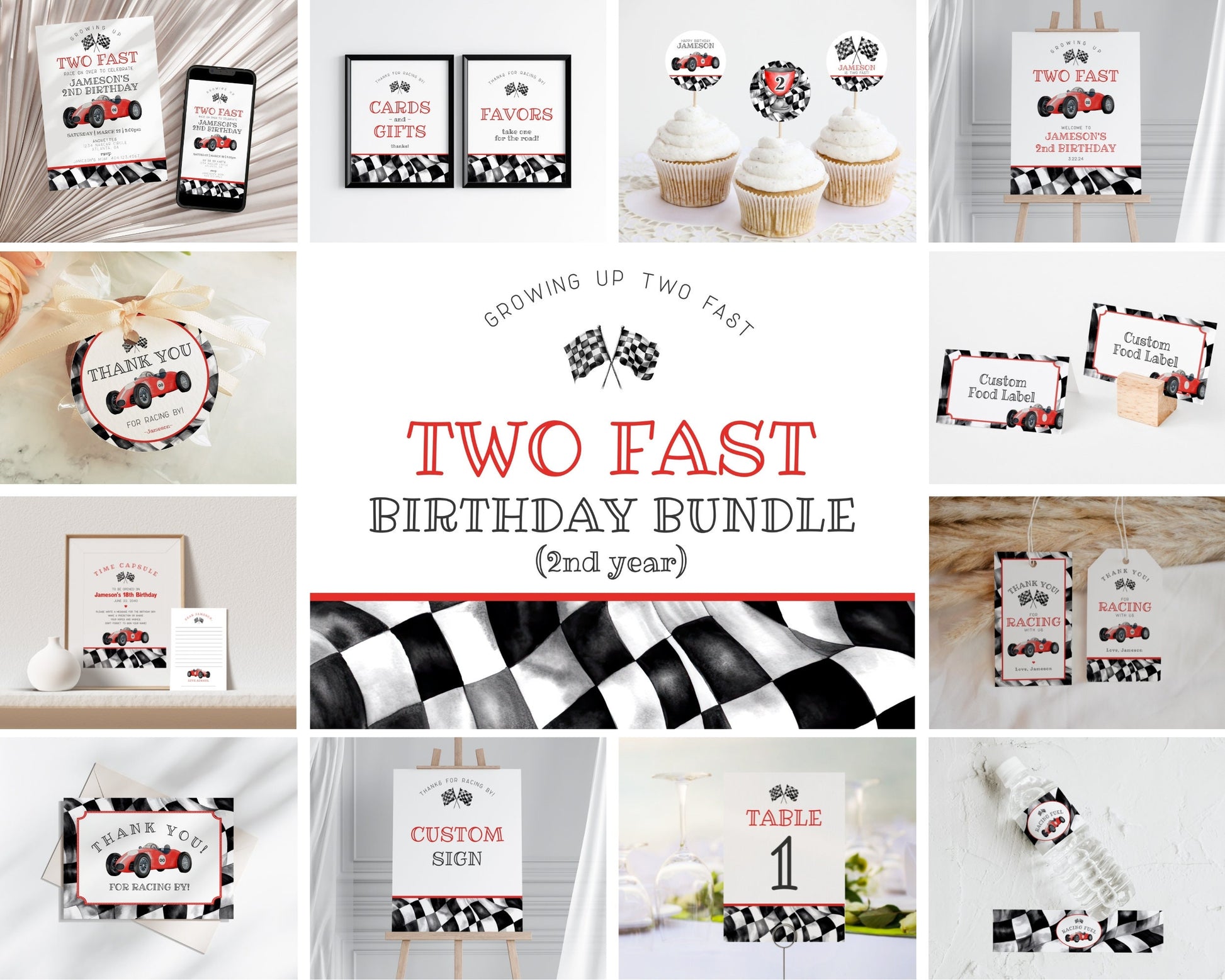 Red Race Car Second Birthday Bundle Template, two fast 2nd birthday bundle for boy, Second Lap Racing Retro Vintage Car Birthday