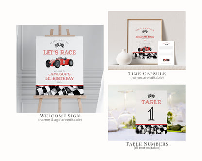 Red Race Car Birthday Bundle Template, instant download Race on over birthday bundle for boy, Editable Racing Retro Vintage Car Birthday