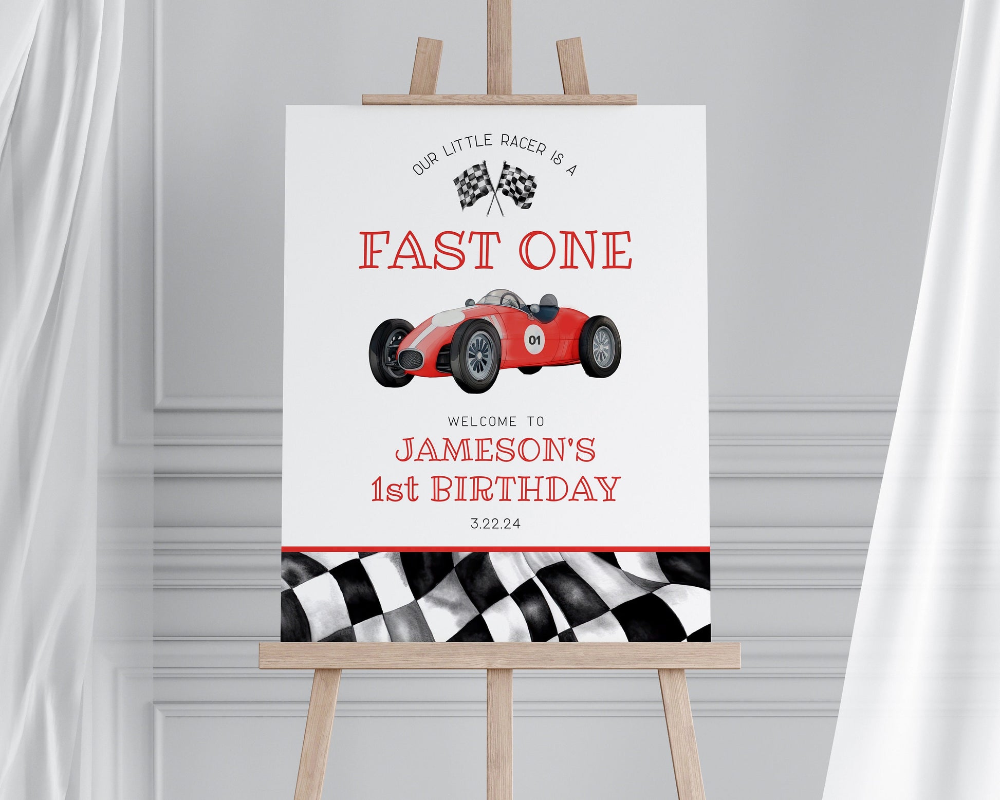 Red Race Car First Birthday Fast ONE Welcome Sign template, instant download race on over birthday party template for boy, vintage racecar