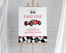  Red Race Car First Birthday Fast ONE Welcome Sign template, instant download race on over birthday party template for boy, vintage racecar
