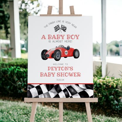 Red Race Car Baby Shower Welcome Sign Template, instant download race on over baby shower template for boy, retro vintage racecar party