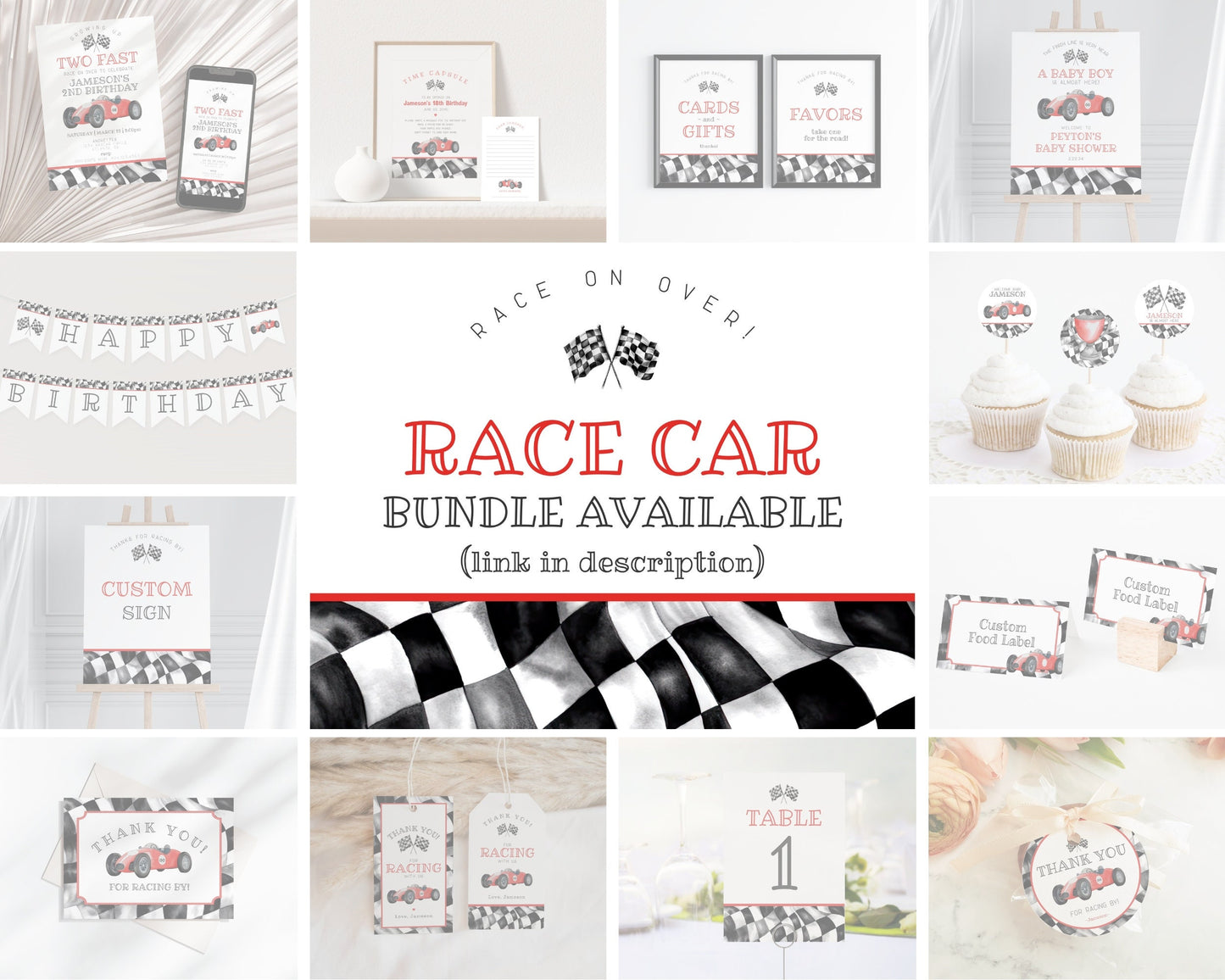 Red Race Car Baby Shower Welcome Sign Template, instant download race on over baby shower template for boy, retro vintage racecar party