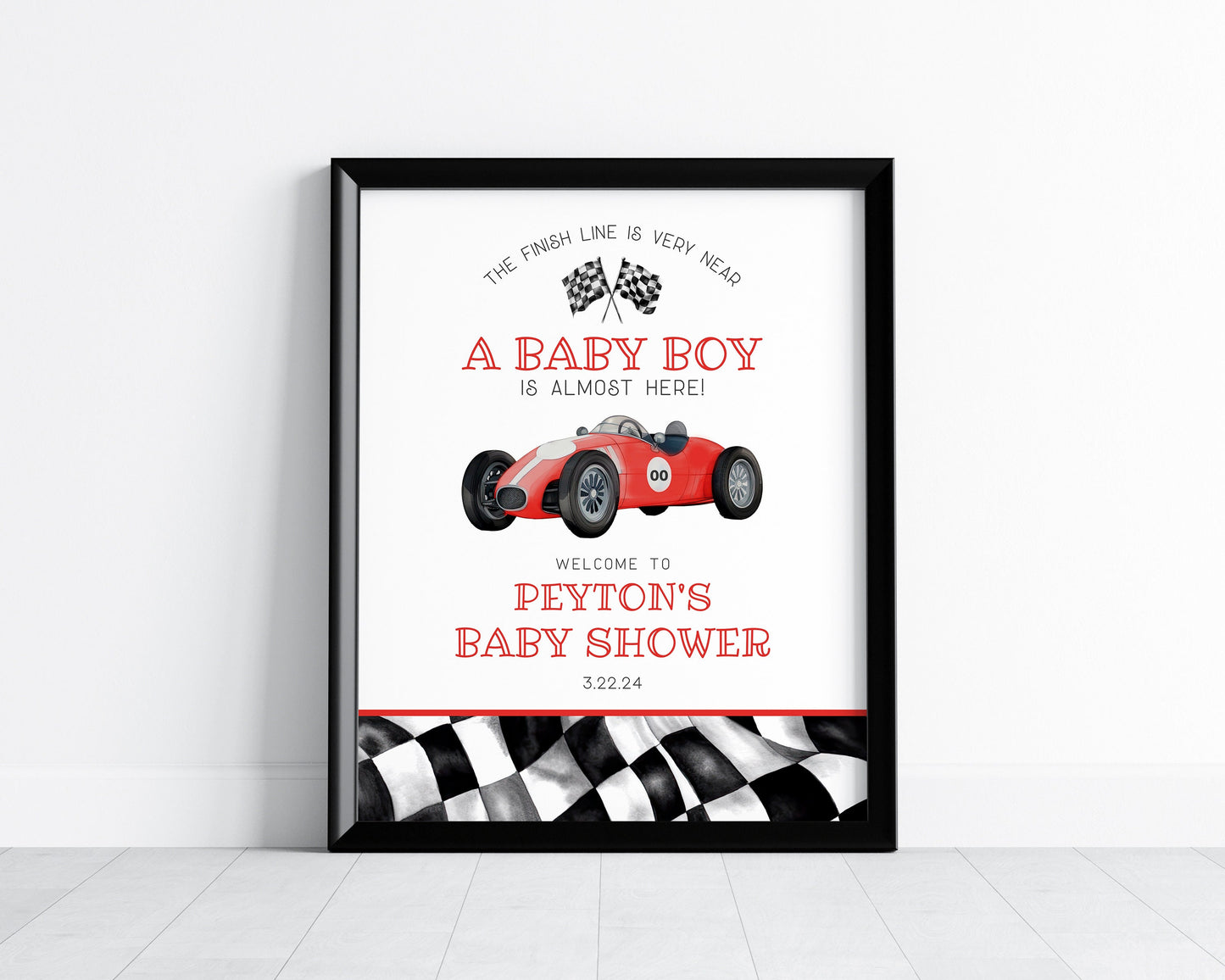 Red Race Car Baby Shower Welcome Sign Template, instant download race on over baby shower template for boy, retro vintage racecar party