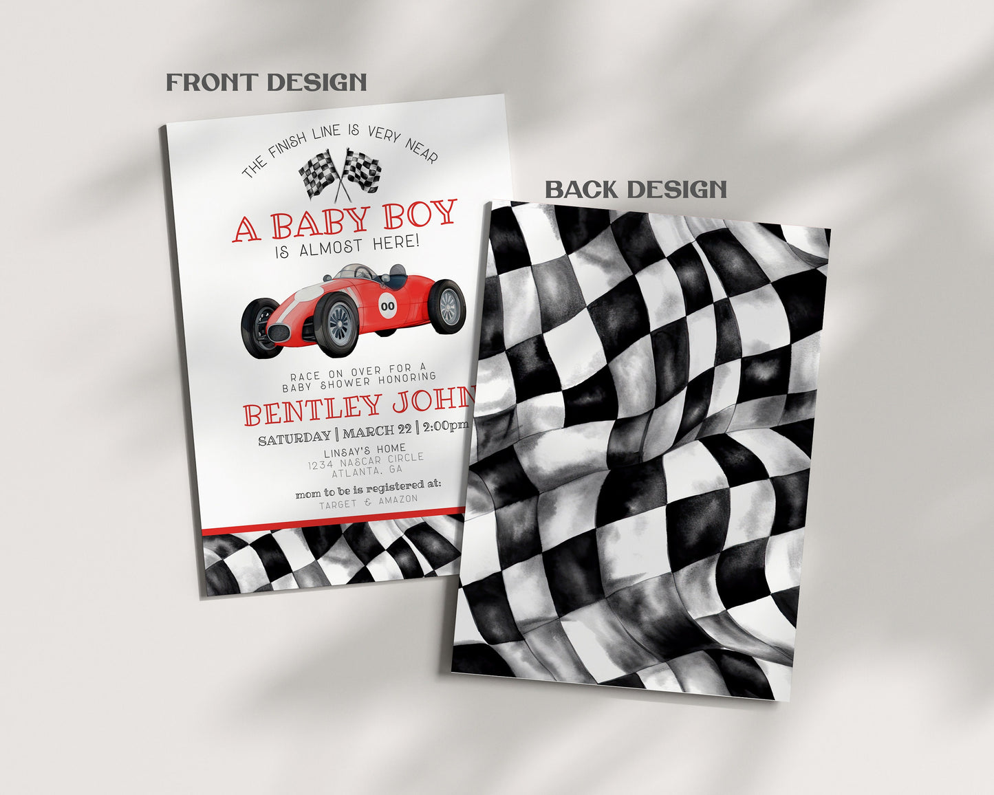 Red Race Car Baby Shower Invitation Template, instant download vintage race on over baby shower for boy,