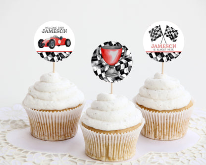 Red Race Car Our Little Racer is a Fast ONE 1st Birthday Cupcake Toppers Printable Template, race on over boy birthday instant download