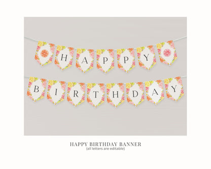 Citrus Floral Happy Birthday Banner Printable Template, Little Cutie Coastal Party Decor for Summer Tropical Birthday Party Decor