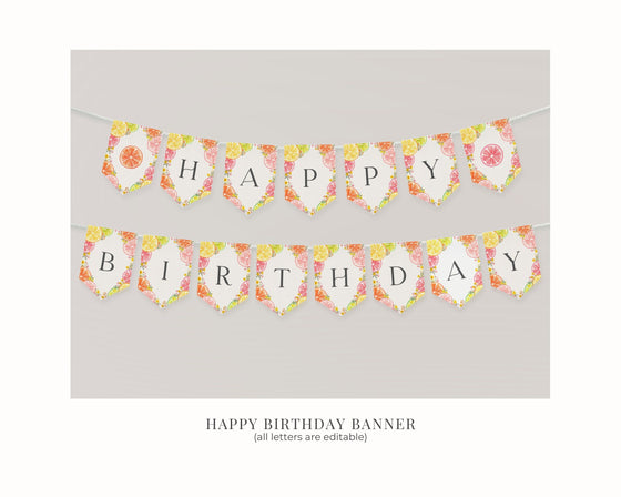 Citrus Floral Happy Birthday Banner Printable Template, Little Cutie Coastal Party Decor for Summer Tropical Birthday Party Decor