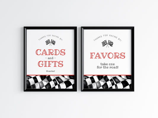 Red Race Car Cards and Gifts Sign and Favors Sign Instant Download, Race on Over Baby Shower or Birthday Party for Boy, Two Fast, Fast One