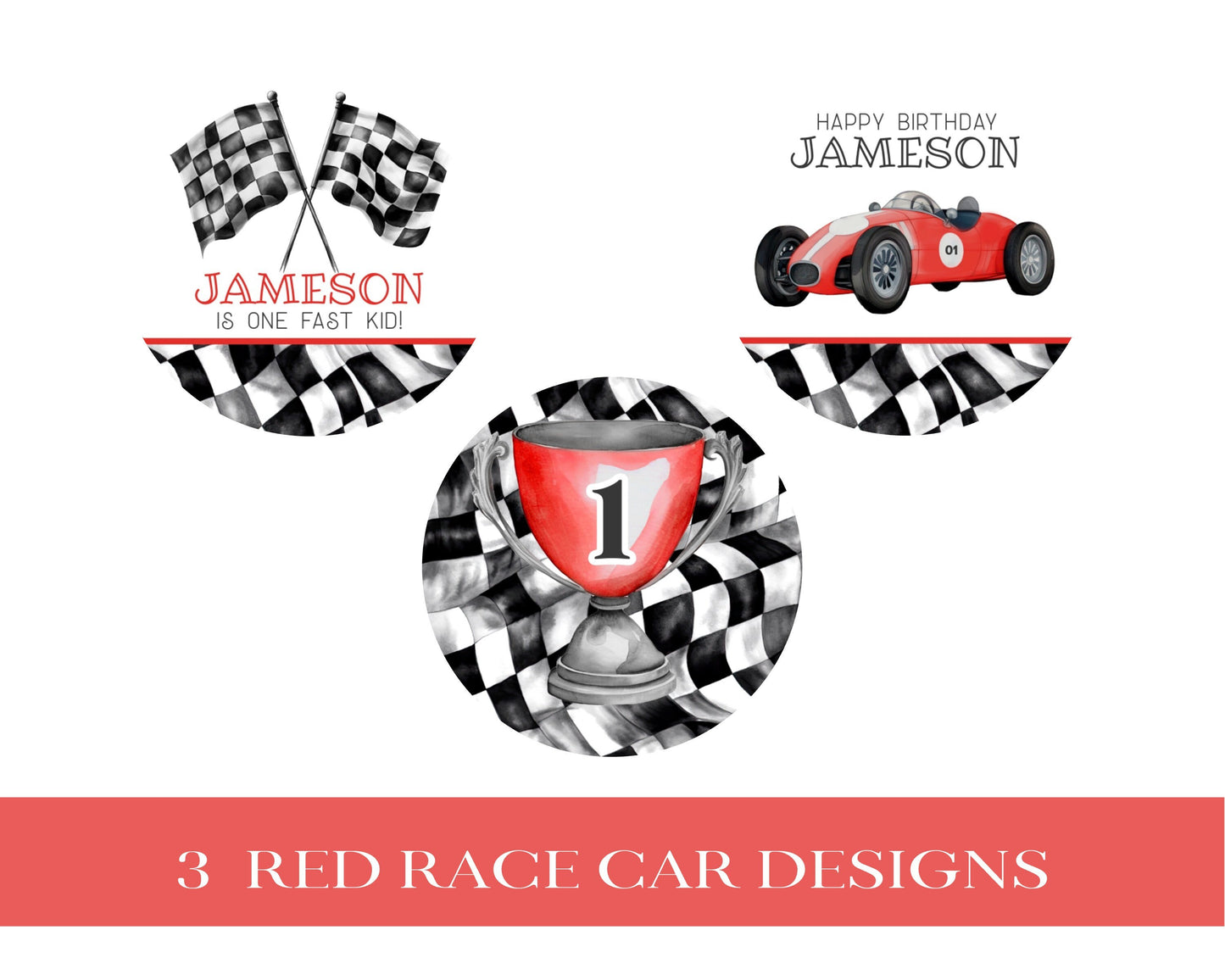 Red Race Car Our Little Racer is a Fast ONE 1st Birthday Cupcake Toppers Printable Template, race on over boy birthday instant download