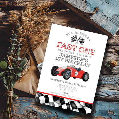 Red Race Car First Birthday Fast One Invitation Template, instant download race on over birthday for boy our little racer is a fast one